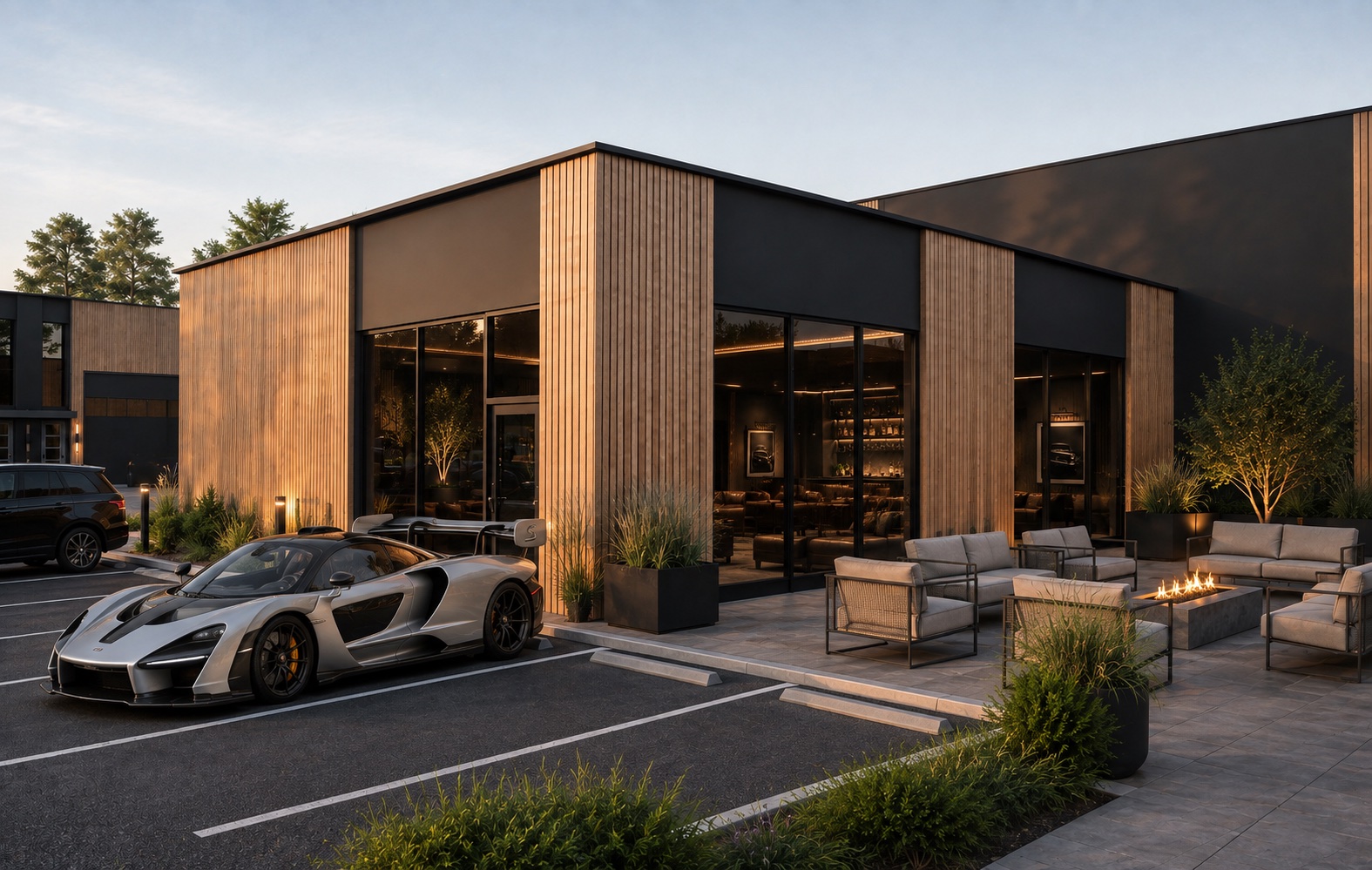 The Foundry clubhouse patio and entrance at dusk