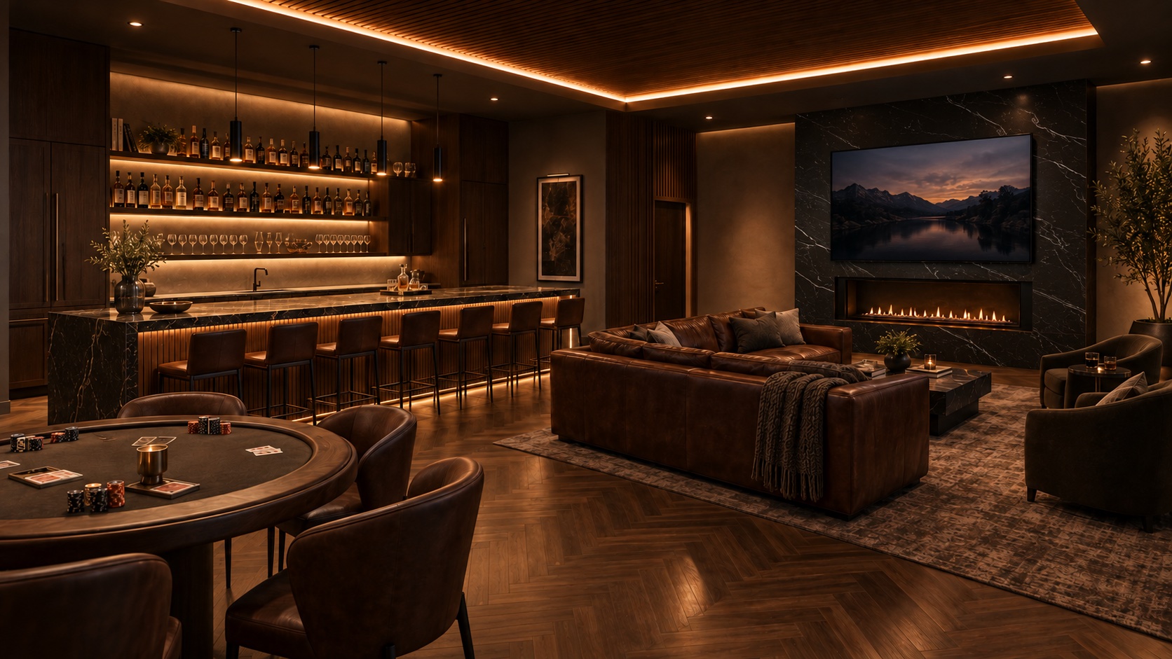 The Foundry clubhouse lounge, bar, and poker table