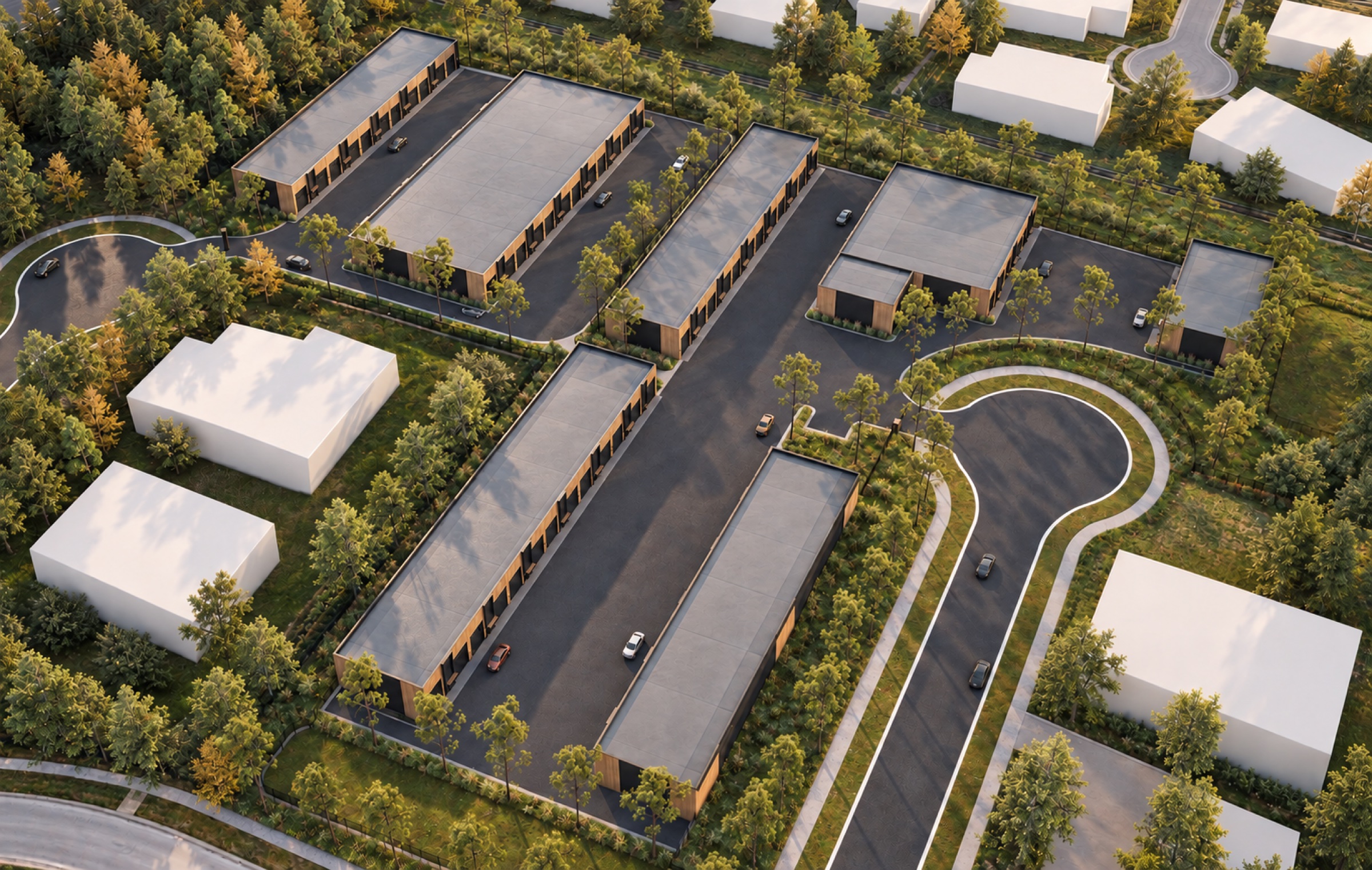 Aerial view of The Foundry garage condominium community