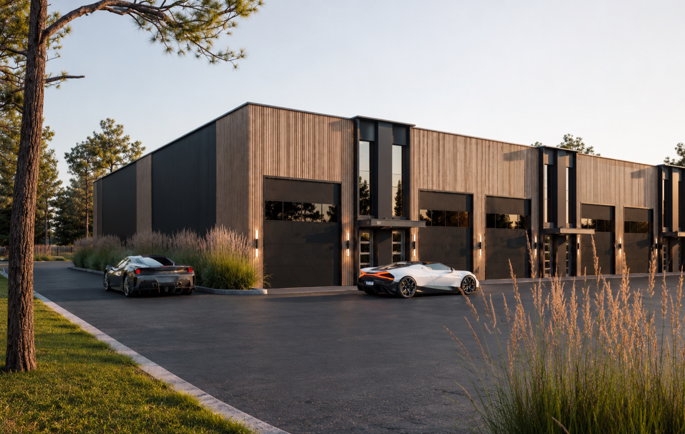 The Foundry — exterior of a garage condominium building at dusk