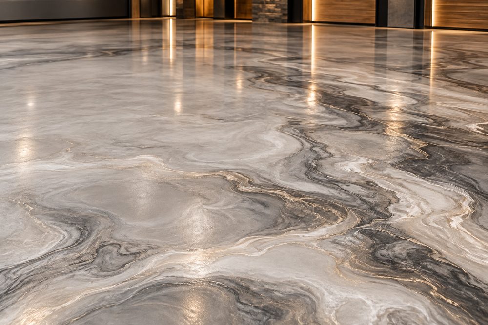 A polished, marbled epoxy garage floor reflecting warm wall lighting